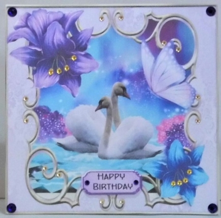 White Swans with Fantasy Flowers and Butterfly 8x8 by Hazel Underwood