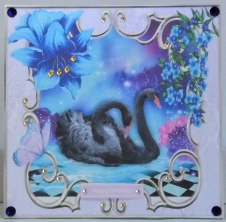 Black Swan with Fantasy Flowers and Butterfly 8x8 by Hazel Underwood