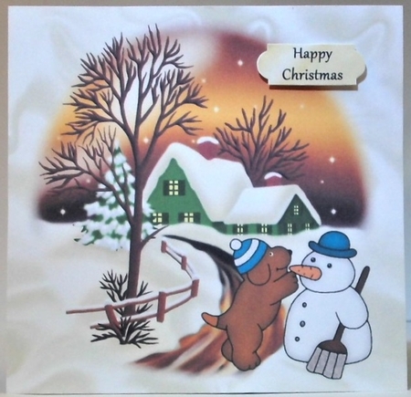 Little Puppy Building a Snowman with Cottage 8x8 by Hazel Underwood