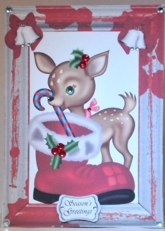 Cute Deer with Santa Boot & Candy Cane A4 by Hazel Underwood