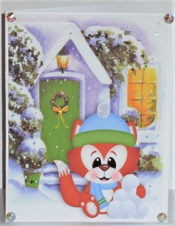 Cute Christmas Fox with Snowballs & Cottage by Hazel Underwood