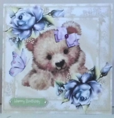 Cute Brown Bear in Floral Frame, & Blue Roses 8x8 by Hazel Underwood