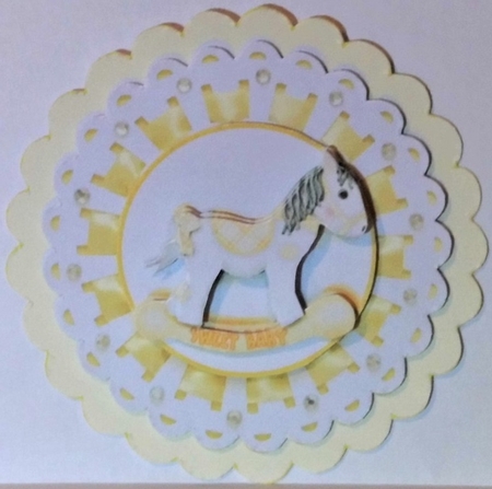 Sweet Baby Rocking Horse Decoupage Card Topper by Hazel Underwood