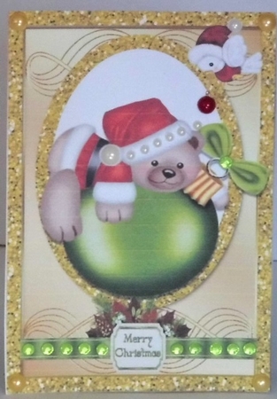Teddy on a Bauble with Little Robin Card & Topper by Hazel Underwood