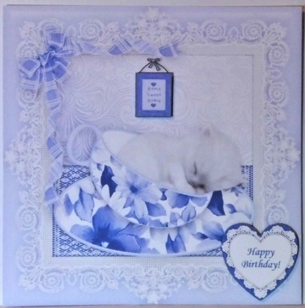 Teacup Kitten in Blue Frame - 8" x 8" Card Topper by Hazel Underwood
