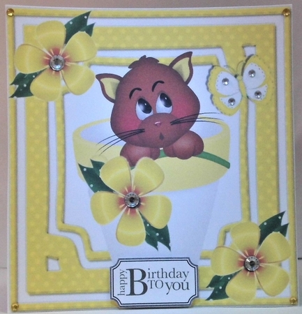 Cute Little Brown Kitten in Flower Pot with Butterfly 8x8 by Hazel Underwood