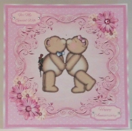 Anniversary card for wife/husband with teddies and floral decoupage by Hazel Underwood