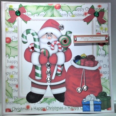 Jolly Santa in christmas frame with lots of pressies 8x8 by Hazel Underwood