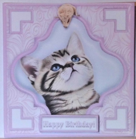 Cat & Mouse (1) - 7.5 x 7.5 Card Topper With Greetings & Decoupage by Hazel Underwood