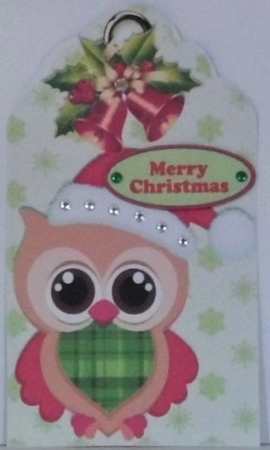 cute owl in cerise santa hat on a snowflake tag with bells by Hazel Underwood