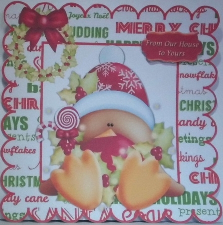 cheeky little robin in festive frame with bow 8x8 by Hazel Underwood