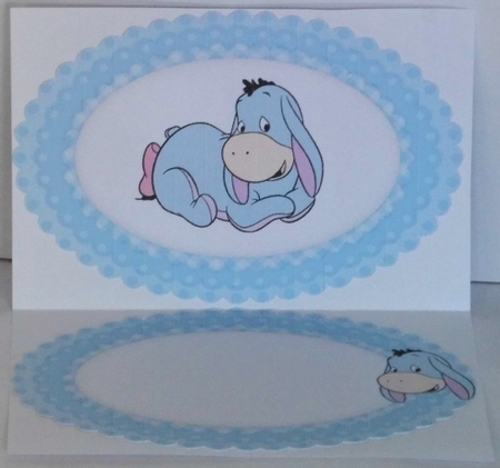 Cute little  Donkey with blue bow in gingham oval frame insert by Hazel Underwood