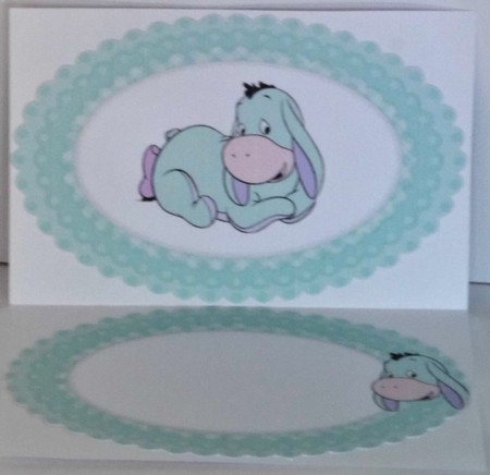 Cute little  Donkey with turq bow in gingham oval frame insert by Hazel Underwood
