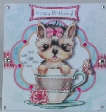 Cute Yorkshire terrier in teacup with various & birthday greetings mini kit for 6 x 6 card by Hazel Underwood