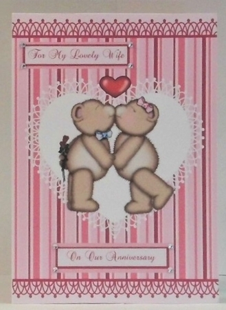 Anniversary card with kissing teddy bears decoupage by Hazel Underwood