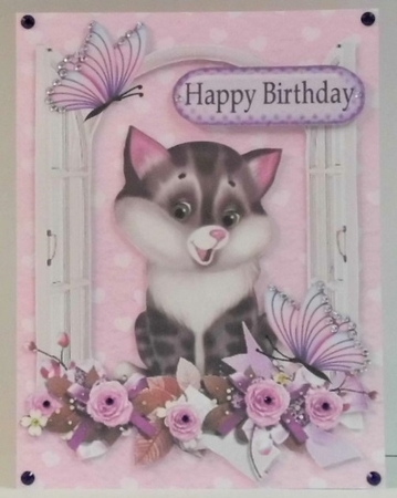 cute kitty in the window with flowers and lilac butterflies by Hazel Underwood