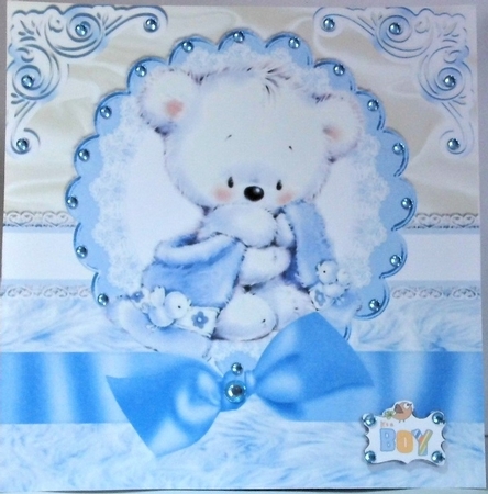 teddy cuddles with blue bow on lace & fur 8x8 by Hazel Underwood