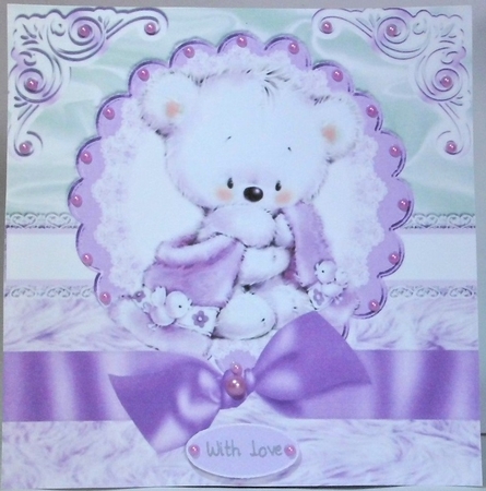 teddy cuddles with purple bow on lace & fur 8x8 by Hazel Underwood