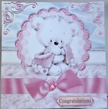 teddy cuddles with pink bow on lace & fur 8x8 by Hazel Underwood