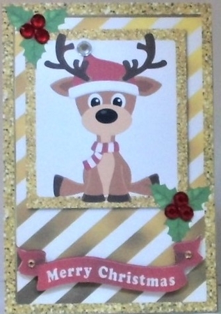 Cute reindeer in gold stripe glitter frame card front with holly by Hazel Underwood