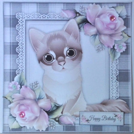 Gorgeous Brown Cat With Pink Roses 8x8 by Hazel Underwood