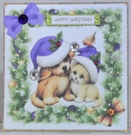 cute puppy and kitten in purple santa hats in festive frame 8x8 by Hazel Underwood