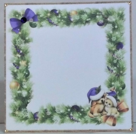 cute puppy and kitten in santa purple hats in festive frame 8x8 blank insert by Hazel Underwood