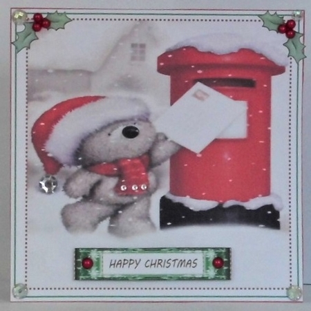 CHRISTMAS TEDDY 2 6X6 WITH SENTIMENT RIBBON BORDERS by Hazel Underwood
