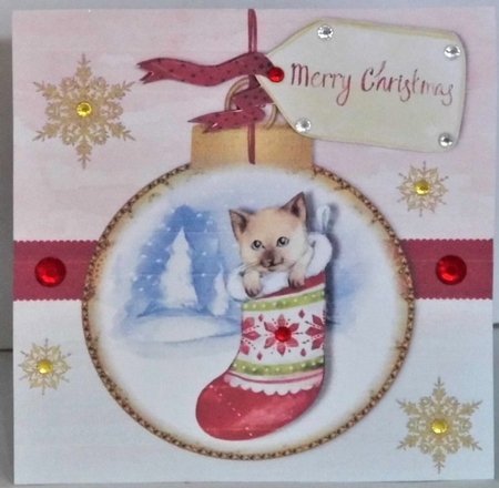 Cat in Christmas stocking card topper for 6 x 6 card by Hazel Underwood