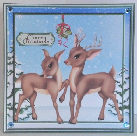 Christmas reindeer mistletoe card front 8x8 by Hazel Underwood