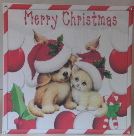 cute puppy with kitten in santa hats 8x8 by Hazel Underwood