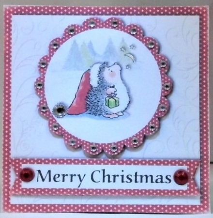 Hedgehog stamp with gift in snow scene topper for 6 x 6 card by Hazel Underwood
