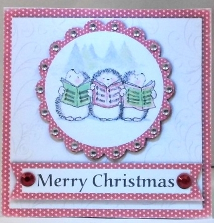 Hedgehog choir singers stamp with gift in snow scene topper for 6 x 6 card by Hazel Underwood