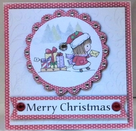Girl with sleigh stamp with gifts in snow scene topper for 6 x 6 card by Hazel Underwood