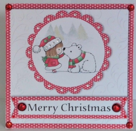 Girl with polar bear stamp with gifts in snow scene topper for 6 x 6 card by Hazel Underwood