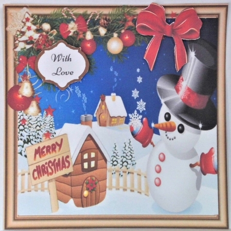 Snowman With christmas House 8x8 by Hazel Underwood
