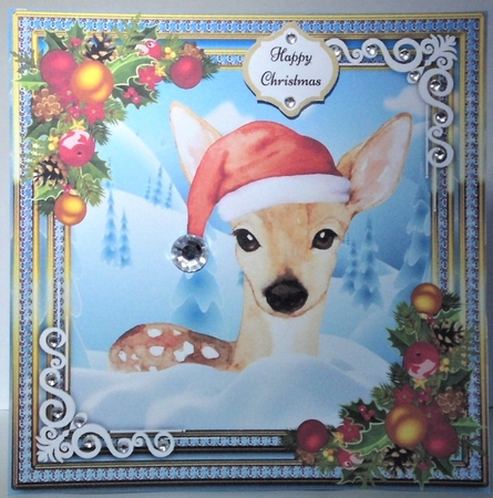 Beautiful Reindeer With Santa Hat 8x8 by Hazel Underwood
