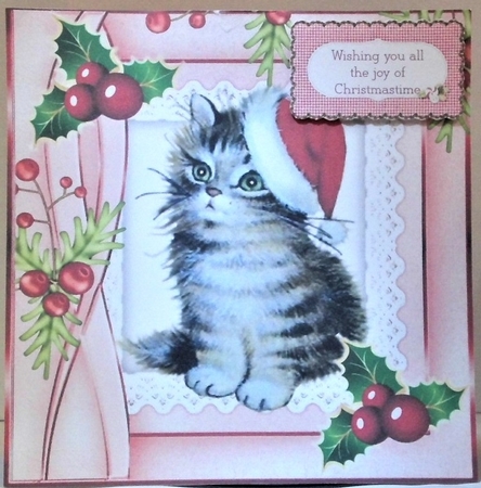 Cute little kitten in santa hat on lace with holly 8x8 by Hazel Underwood
