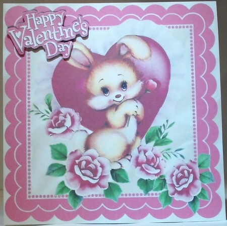 cute valentine bunny with pink roses 8x8 by Hazel Underwood