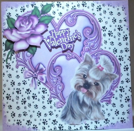 Cute valentine purple heart with roses and cute puppy 8x8 by Hazel Underwood