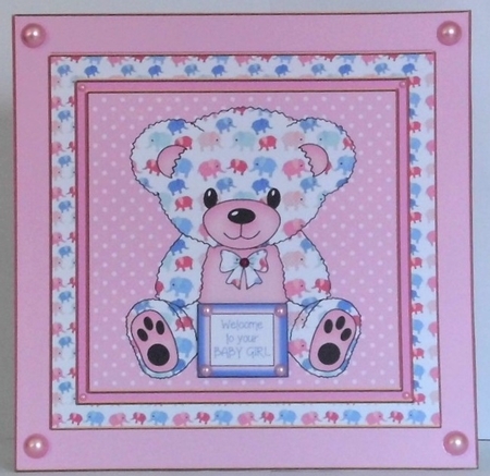 Elephant print Teddy Bear in Frame Card Topper - Pink Girl by Hazel Underwood