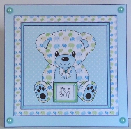 Elephant print Teddy Bear in Frame Card Topper - Blue Boy by Hazel Underwood