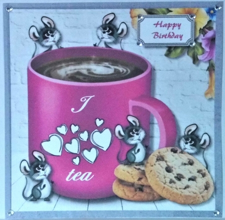 cerise cup of tea surrounded by cheeky litte mice by Hazel Underwood