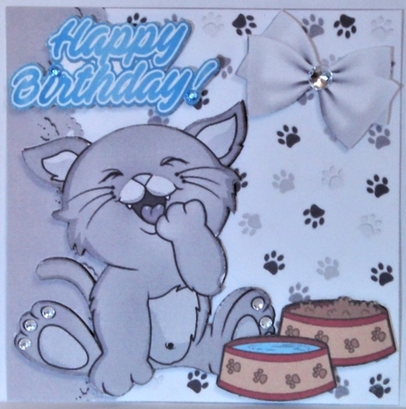 Cheeky kitty with bowl & bow (smaller card two) by Hazel Underwood