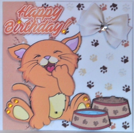 Cheeky kitty with bowl & bow (smaller card three) by Hazel Underwood