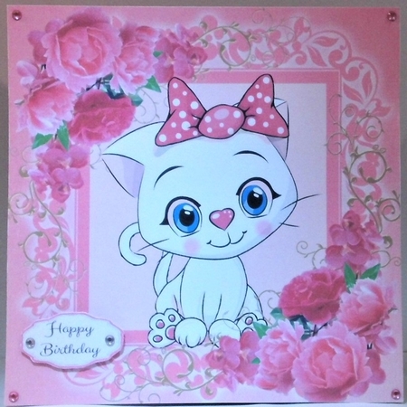 Gorgeous White Kitten In Pink Roses 8x8 by Hazel Underwood