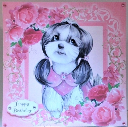 Gorgeous Shitzu In Pink Roses 8x8 by Hazel Underwood