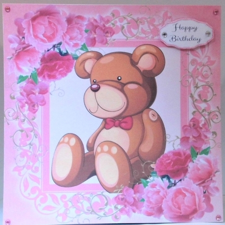 Gorgeous Sitting Teddy Bear In Pink Roses 8x8 by Hazel Underwood