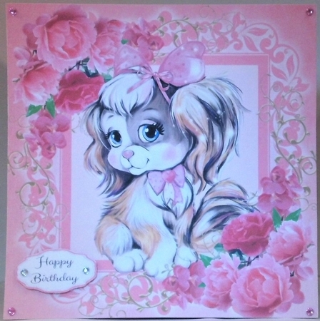 Gorgeous Fluffy Puppy In Pink Roses 8x8 by Hazel Underwood