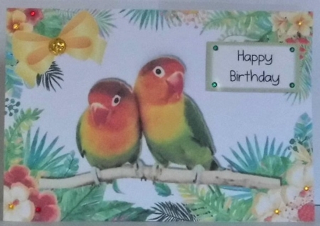 Pair of love birds on a branch in tropical flower frame A4 by Hazel Underwood